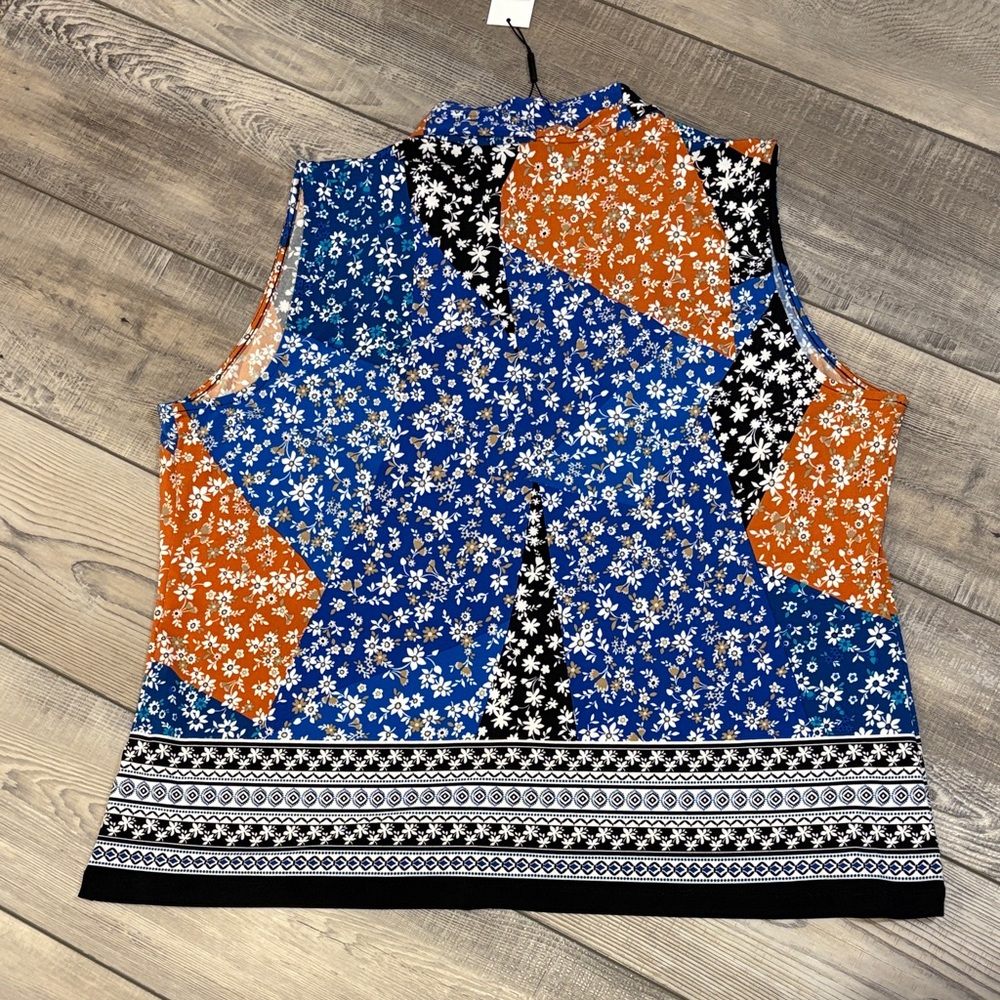 Calvin Klein Floral Patchwork Sleeveless Blouse Blue Orange Black NWT 1X - Picture 6 of 7